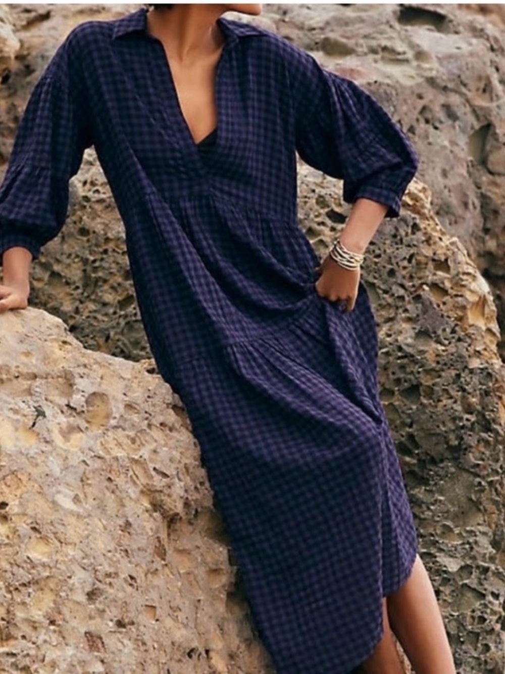 Anthropologie Navy Checked Maxi Shirt Dress